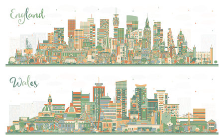 Wales and England City Skyline Set with Color Buildings. Concept with Historic Architecture. Cityscape with Landmarks. Bristol. London. Cardiff.の写真素材