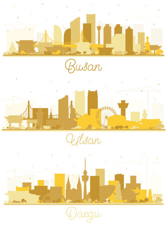Ulsan, Daegu and Busan South Korea City Skyline Silhouette Set with Golden Buildings Isolated on White. Concept with Historic and Modern Architecture. Cityscape with Landmarks.の写真素材