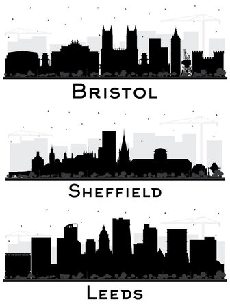 Sheffield, Leeds and Bristol UK City Skyline Silhouette Set with Black Buildings Isolated on White. Cityscape with Landmarks. Business Travel and Tourism Concept with Historic Architecture.の写真素材