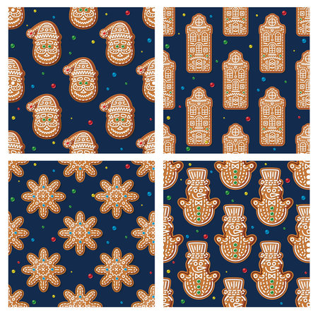 Patterns with Gingerbread Snowman, House, Snowflakes and Santa Claus on Blue. Christmas cookies.の写真素材