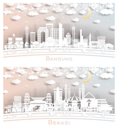 Bekasi and Bandung Indonesia City Skyline Set in Paper Cut Style with White Buildings, Moon and Neon Garland. Travel and Tourism Concept. Cityscape with Landmarks.の写真素材