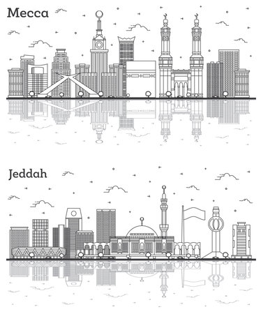 Outline Jeddah and Mecca Saudi Arabia City Skyline Set with Historic Buildings and Reflections Isolated on White. Mecca Cityscape with Landmarks.の写真素材