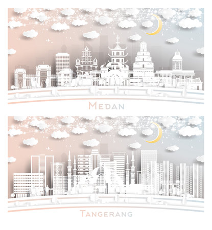 Tangerang and Medan Indonesia City Skyline Set in Paper Cut Style with White Buildings, Moon and Neon Garland. Travel and Tourism Concept. Cityscape with Landmarks.の写真素材