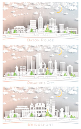 Oklahoma City, Bridgeport Connecticut and Baton Rouge Louisiana City Skyline Set in Paper Cut Style with Snowflakes, Moon and Neon Garland.の写真素材