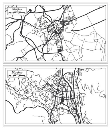 Mostar and Bijeljina Bosnia and Herzegovina City Map Set in Black and White Color in Retro Style Isolated on White. outline map.の写真素材