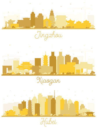 Hubei Province, Xiaogan, Jingzhou China City Skyline Silhouette Set with Golden Buildings Isolated on White. Historic and Modern Architecture. Cityscape with Landmarks.の写真素材
