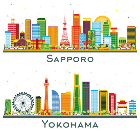 Yokohama and Sapporo Japan City Skyline Set with Color Buildings Isolated on White. Business Travel and Tourism Concept with Modern Architecture. Cityscape with Landmarks.の写真素材