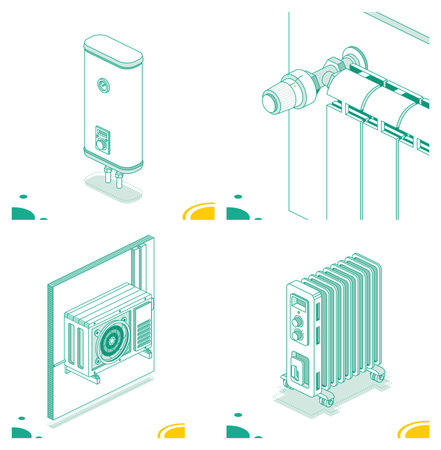 Electric Home Heating Boiler. Electric Room Oil Heater. Isometric Outline Concept. Object Isolated on White Background. Radiator with Thermostat. Outdoor Unit of Air Conditioner.の写真素材