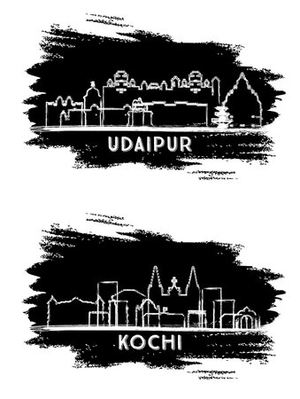Kochi and Udaipur India City Skyline Silhouette Set. Hand Drawn Sketch. Business Travel and Tourism Concept with Historic Architecture. Cityscape with Landmarks.の写真素材