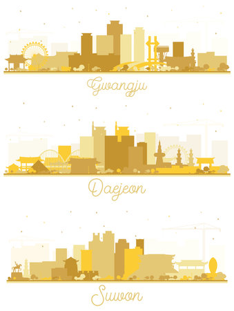 Suwon, Daejeon and Gwangju South Korea City Skyline Silhouette Set with Golden Buildings Isolated on White. Travel and Tourism Concept with Historic and Modern Architecture. Cityscape with Landmarks.の写真素材