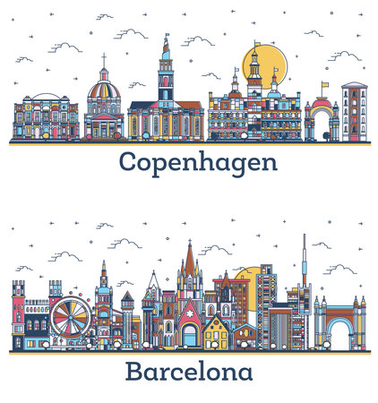 Outline Barcelona Spain and Copenhagen Denmark City Skyline Set with Colored Historic Buildings Isolated on White. Cityscape with Landmarks.の写真素材
