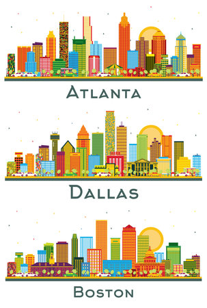 Dallas Texas, Boston Massachusetts and Atlanta Georgia USA City Skyline Set with Color Buildings and Blue Sky Isolated on White. Business Travel and Tourism Concept with Modern Architecture.の写真素材