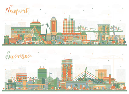 Swansea and Newport Wales City Skyline Set with Color Buildings. Cityscape with Landmarks. Business Travel and Tourism Concept with Historic Architecture.の写真素材