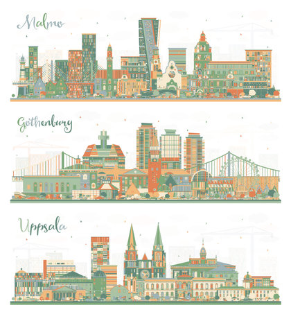Gothenburg, Uppsala and Malmo Sweden City Skyline Set with Color Buildings. Cityscape with Landmarks. Travel and Tourism Concept with Historic Architecture.の写真素材