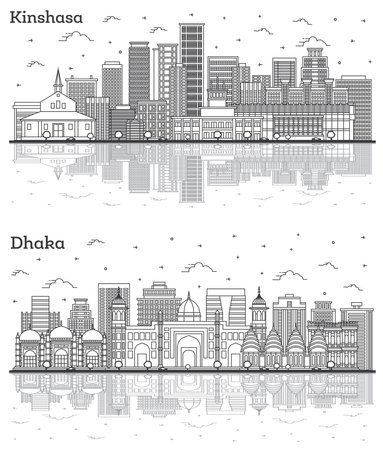Outline Kinshasa Congo and Dhaka Bangladesh City Skyline Set with Modern Buildings and Reflections Isolated on White. Cityscape with Landmarks.の写真素材