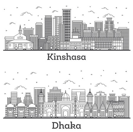 Outline Dhaka Bangladesh and Kinshasa Congo City Skyline Set with Modern and Historic Buildings Isolated on White. Cityscape with Landmarks.の写真素材