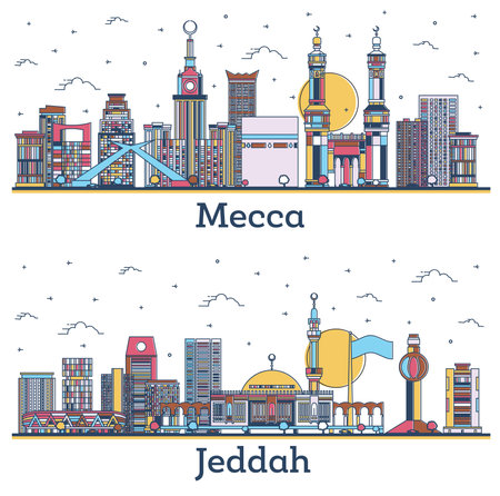 Outline Jeddah and Mecca Saudi Arabia City Skyline Set with Colored Historic Buildings Isolated on White. Mecca Cityscape with Landmarks.の写真素材