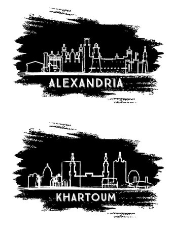 Khartoum Sudan and Alexandria Egypt City Skyline Silhouette Set. Hand Drawn Sketch. Business Travel and Tourism Concept with Historic Architecture.の写真素材