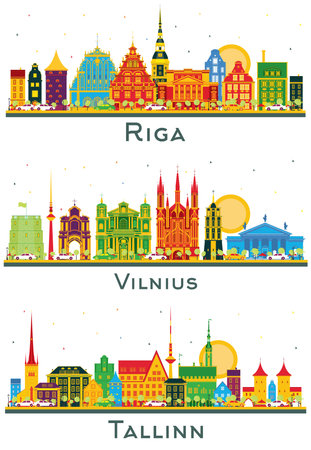 Vilnius Lithuania, Tallinn Estonia and Riga Latvia City Skyline Set with Color Buildings Isolated on White. Business Travel and Tourism Concept with Historic Architecture. Cityscape with Landmarks.の写真素材