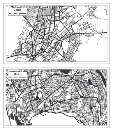 Baku and Ganja Azerbaijan City Map Set in Black and White Color in Retro Style Isolated on White. outline map.の写真素材