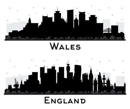 England and Wales City Skyline Silhouette Set with Black Buildings Isolated on White. Concept with Historic Architecture. Cityscape with Landmarks. Cardiff. Swansea. Newport.の写真素材