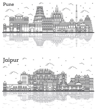 Outline Jaipur and Pune India City Skyline Set with Reflections and Historic Buildings Isolated on White. Cityscape with Landmarks.の写真素材