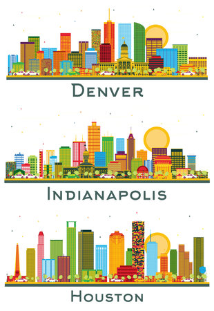 Indianapolis, Houston Texas and Denver Colorado USA City Skyline Set with Color Buildings and Blue Sky Isolated on White. Travel and Tourism Concept with Modern Buildings. Cityscape with Landmarks.の写真素材