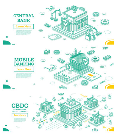 National Central Bank Building. Isometric Financial Concept. reserve currency. Mobile Banking App. Central Bank Digital Currency or CBDC.の写真素材