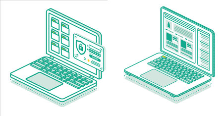Authentication Form on Laptop Screen. Window with folders. Account Login Form with Username and Password Fields. protected access. Sign in to Account. Cyber Security Concept. Isometric Laptop Isolated on White.の写真素材
