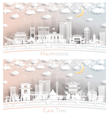 Can Tho and Haiphong Vietnam City Skyline Set in Paper Cut Style with White Buildings, Moon and Neon Garland. Travel and Tourism Concept. Cityscape with Landmarks.の写真素材