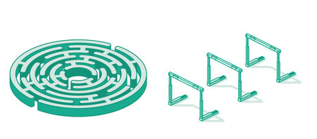 Circle Isometric Labyrinth. Outline Maze. Fun Logic Game with Riddle. Hurdle Race Barriers Isolated on White Background. Athletics Equipment.の写真素材