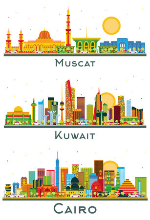 Kuwait, Cairo Egypt and Muscat Oman City Skyline Set with Color Buildings Isolated on White. Business Travel and Tourism Concept with Historic Architecture. Cityscape with Landmarks.の写真素材