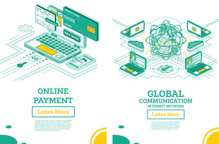 Online Outline Payment with Laptop Computer Isometric Illustration Concept. online shopping. internet banking. Global Communication Network with Planet Earth.の写真素材