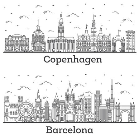 Outline Barcelona Spain and Copenhagen Denmark City Skyline Set with Historic Buildings Isolated on White. Cityscape with Landmarks.の写真素材