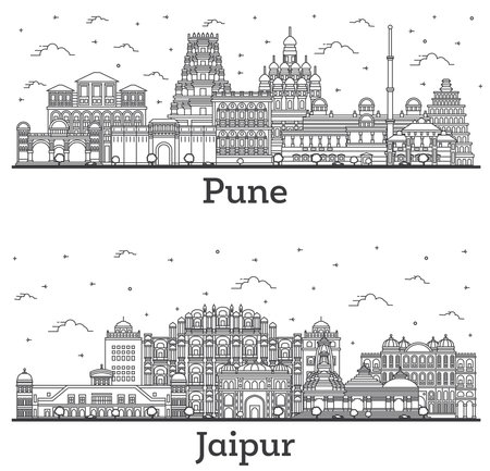 Outline Jaipur and Pune India City Skyline Set with Historic Buildings Isolated on White. Cityscape with Landmarks.の写真素材