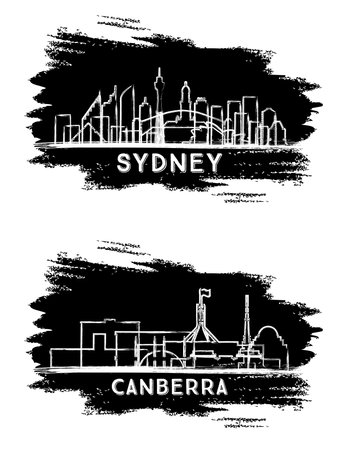 Canberra and Sydney Australia City Skyline Silhouette Set. Hand Drawn Sketch. Business Travel and Tourism Concept with Modern Architecture. Cityscape with Landmarks.の写真素材