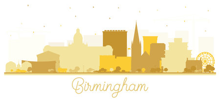 Birmingham UK City Skyline Silhouette with Golden Buildings Isolated on White. vector illustration. Birmingham Cityscape with Landmarks. Business Travel and Tourism Concept with Historic Architecture.のイラスト素材