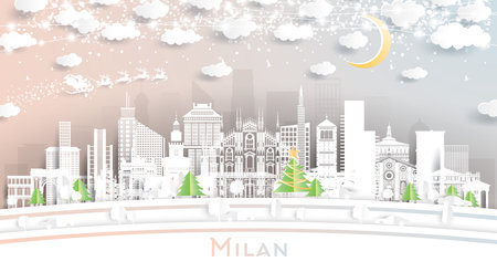Milan Italy City Skyline in Paper Cut Style with Snowflakes, Moon and Neon Garland. vector illustration. Christmas and New Year Concept. Santa Claus on Sleigh. Milan Cityscape with Landmarks.のイラスト素材