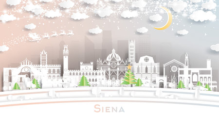 Siena Tuscany Italy City Skyline in Paper Cut Style with Snowflakes, Moon and Neon Garland. vector illustration. Christmas and New Year Concept. Santa Claus on Sleigh. Siena Cityscape with Landmarks.のイラスト素材