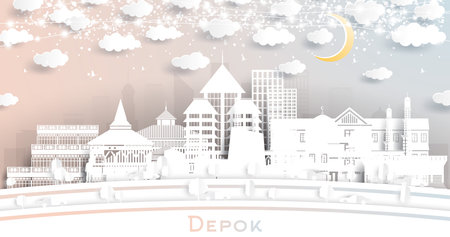 Depok Indonesia City Skyline in Paper Cut Style with White Buildings, Moon and Neon Garland. vector illustration. Travel and Tourism Concept. Depok Cityscape with Landmarks.のイラスト素材