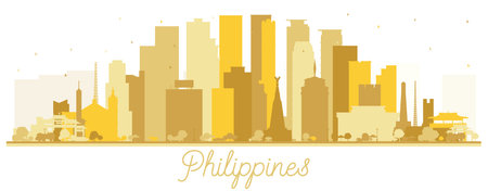 Philippines City Skyline Silhouette with Golden Buildings Isolated on White. vector illustration. Concept with Historic Architecture. Philippines Cityscape with Landmarks. Manila, Quezon, Davao, Cebu.のイラスト素材