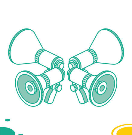 Megaphone or Horn Loudspeaker Icons. isometric concept. vector illustration. Objects for Infographics Isolated on White Background. Four Megaphones.のイラスト素材