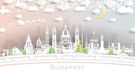 Budapest Hungary. Winter City Skyline in Paper Cut Style with Snowflakes, Moon and Neon Garland. Christmas and New Year Concept. Santa Claus on Sleigh. Budapest Cityscape with Landmarks.のイラスト素材