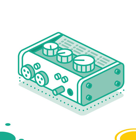 Audio Midi interface. Isometric Outline Concept. Back View of Panel with Plugs for Connection. External Sound Card. Object Isolated on White. vector illustration.のイラスト素材