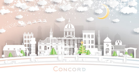 Concord New Hampshire. Winter City Skyline in Paper Cut Style with Snowflakes, Moon and Neon Garland. Christmas and New Year Concept. Santa Claus on Sleigh. Concord USA Cityscape with Landmarks.のイラスト素材