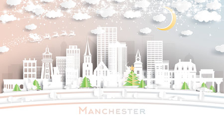 Manchester New Hampshire. Winter City Skyline in Paper Cut Style with Snowflakes, Moon and Neon Garland. Christmas and New Year Concept. Santa Claus on Sleigh. Manchester Cityscape with Landmarks.のイラスト素材