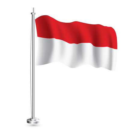 Indonesian Flag. Isolated Realistic Wave Flag of Indonesia Country on Flagpole. vector illustration.のイラスト素材
