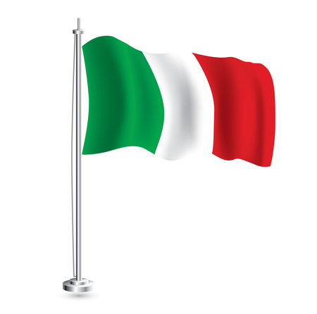 Italian flag. Isolated Realistic Wave Flag of Italy Country on Flagpole. vector illustration.のイラスト素材