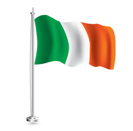 Irish flag. Isolated Realistic Wave Flag of Ireland Country on Flagpole. vector illustration.のイラスト素材