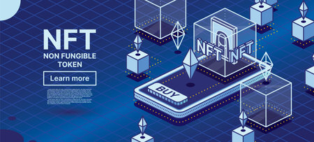 Mobile Phone with App for Buying NFT Tokens. Isometric Concept with Artwork Inside of Transparent Cube. blockchain technology. vector illustration. Blocks with information. Crypto Art.のイラスト素材